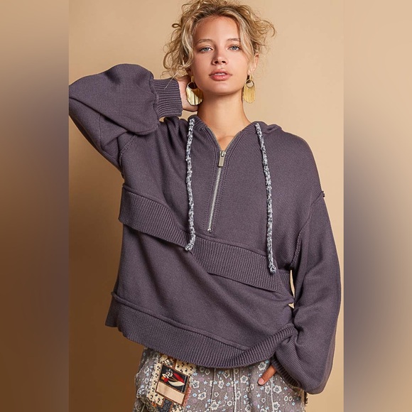 π POL Half Zip Hoodie - Relaxed Fit Pullover - Cotton Blend - Ghost Grey - Picture 4 of 11